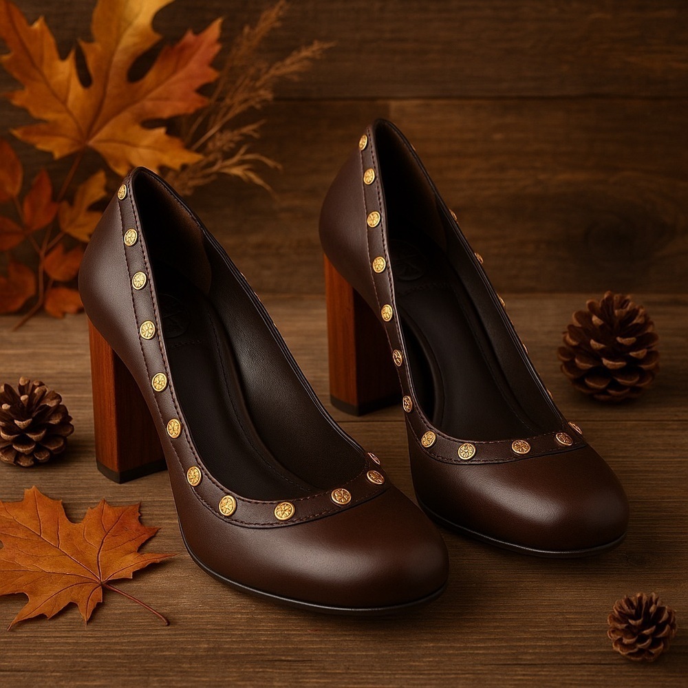 Tory Burch Brown Leather Studded Block Heel Pumps